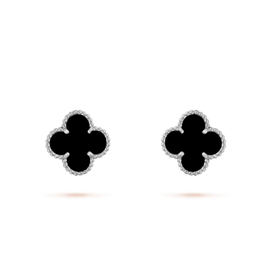 Inspired Clover Mini Earrings White Gold & Onyx
