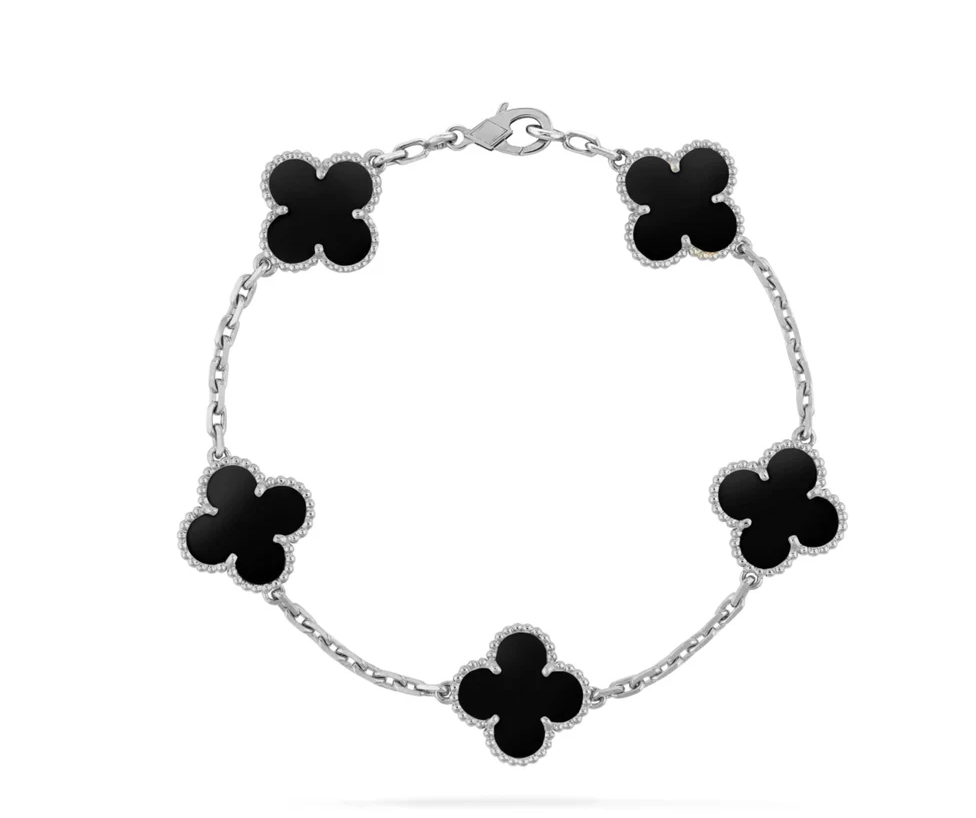 Inspired 5 Clover Bracelet 9K White Gold Onyx