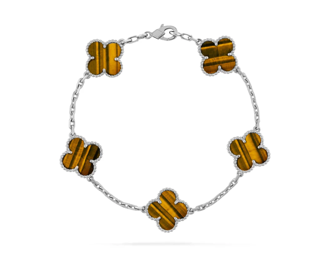 Inspired 5 Clover Bracelet White Gold Tiger Eye