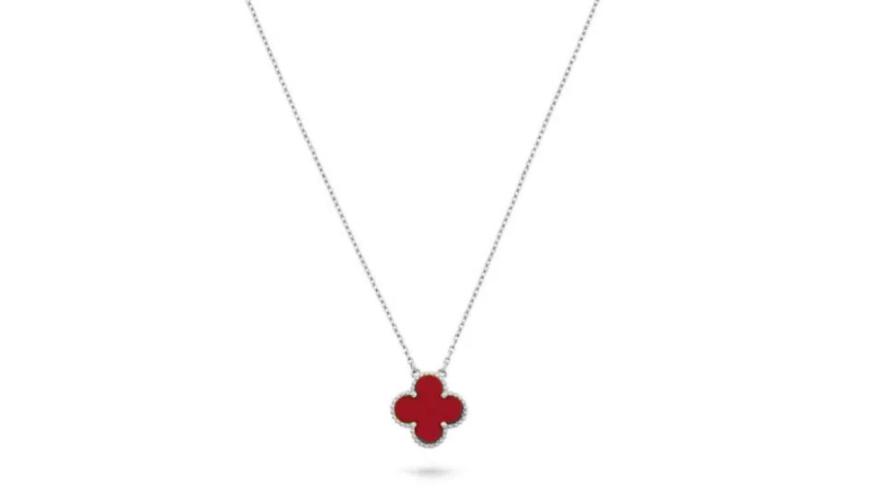 Inspired Single Clover Necklace White Gold Carnelian