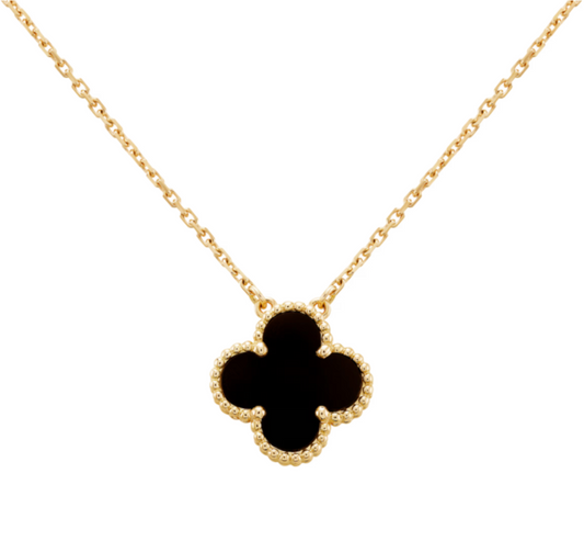 Inspired Single Clover Mini Necklace Yellow Gold Onyx