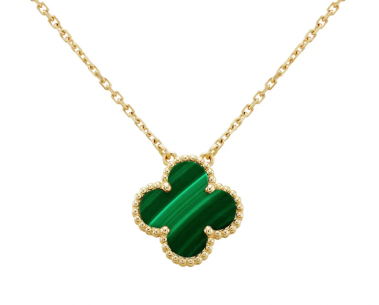 Inspired Single Clover Mini Necklace Yellow Gold Malachite