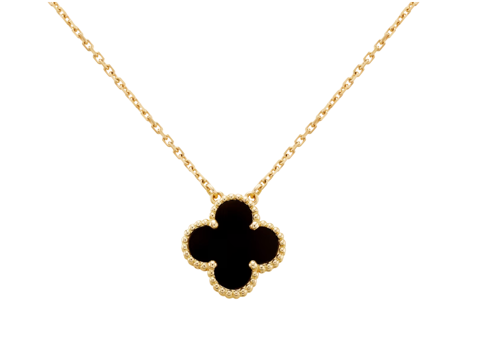 Inspired Single Clover Necklace Yellow Gold Onyx