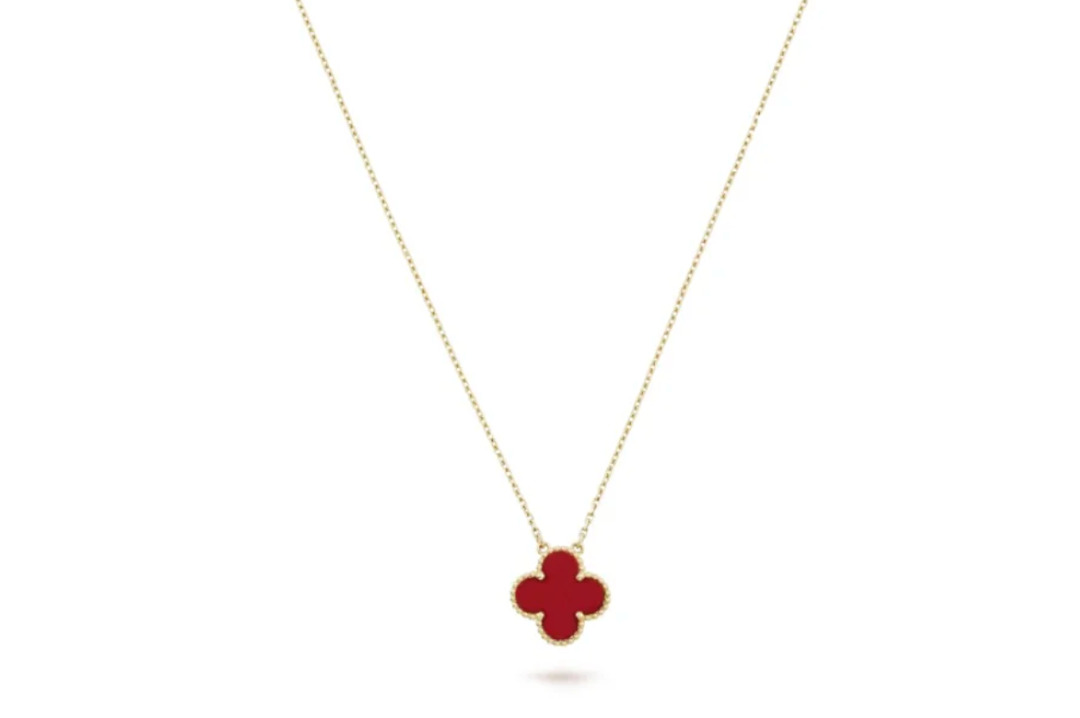Inspired Single Clover Mini Necklace Yellow Gold Carnelian