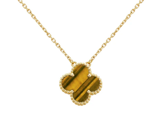 Inspired Single Clover Necklace Yellow Gold Tiger Eye