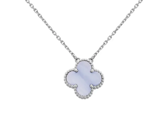 Inspired Single Clover Necklace White Gold Chalcedony