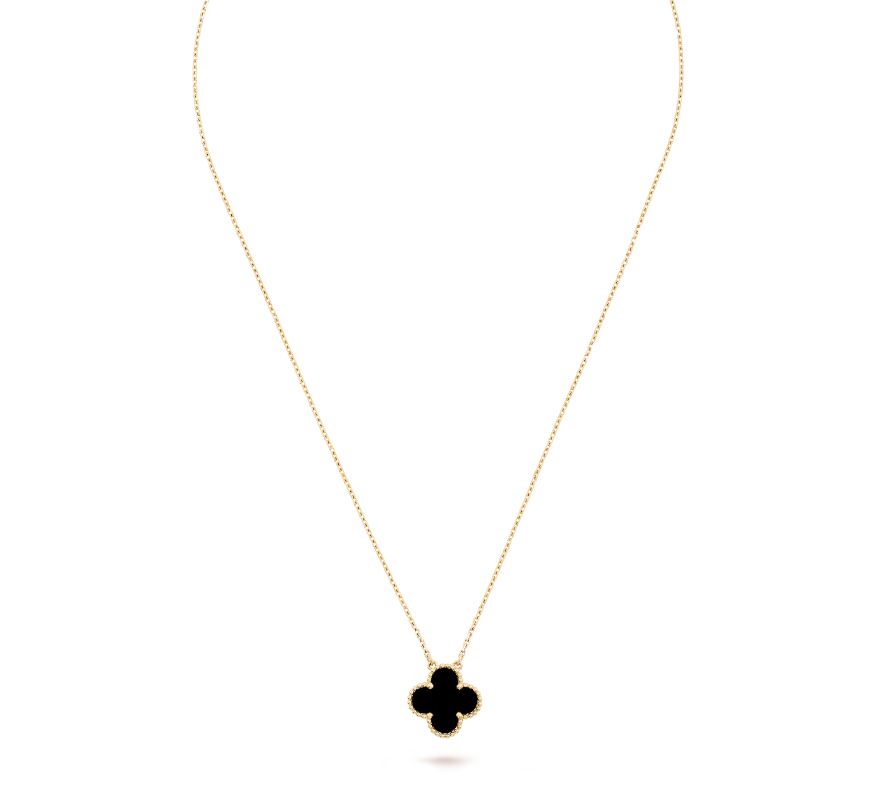 Inspired Single Clover Necklace Yellow Gold Onyx