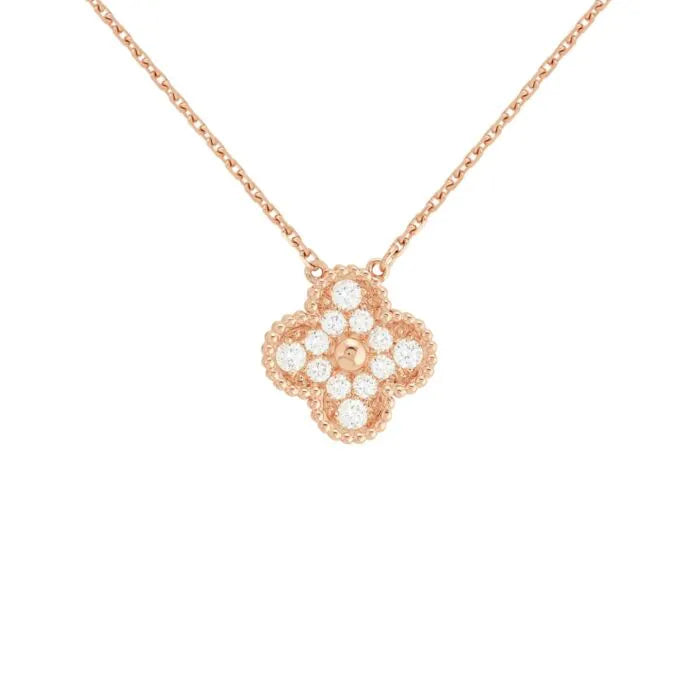 Vintage Alhambra Pendant Necklace Round Diamond and Solid Gold 18K Rose Gold