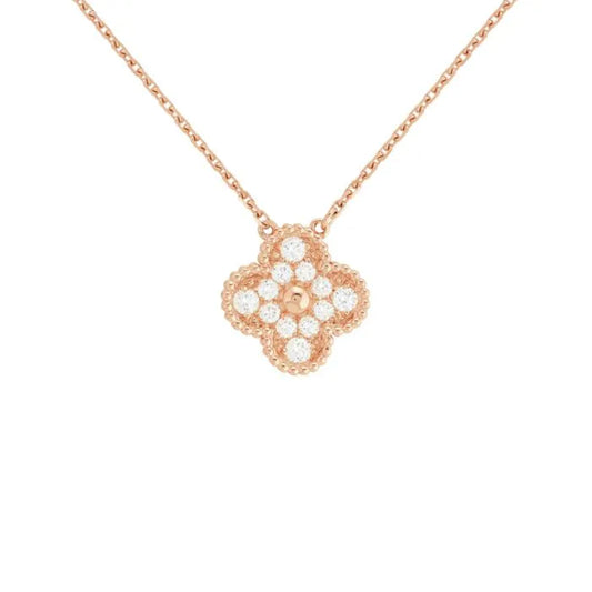 Vintage Alhambra Pendant Necklace Round Diamond and Solid Gold 18K Rose Gold